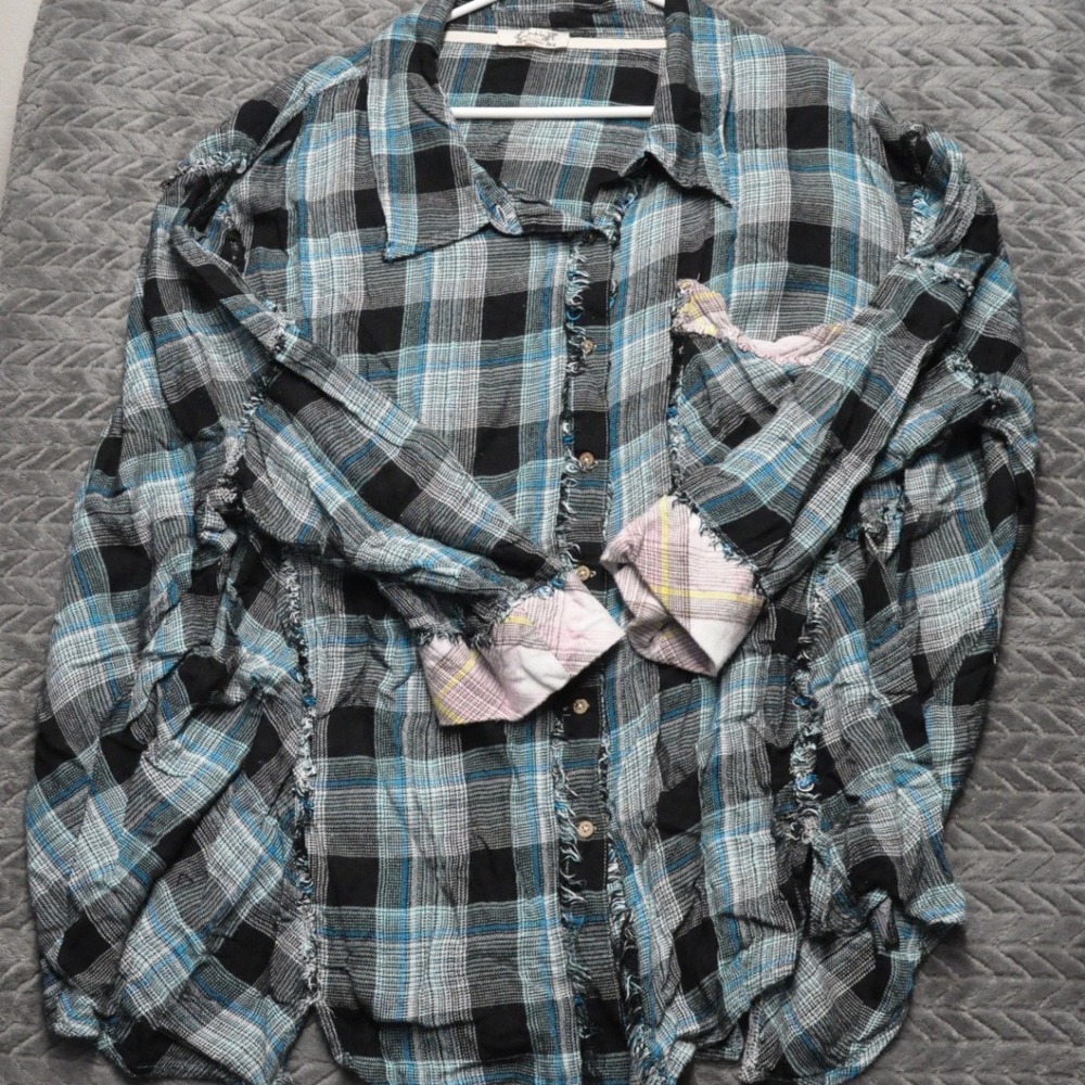 Free People Plaid Button Down Shirt LARGE Blue Distressed Deconstructed (1768)